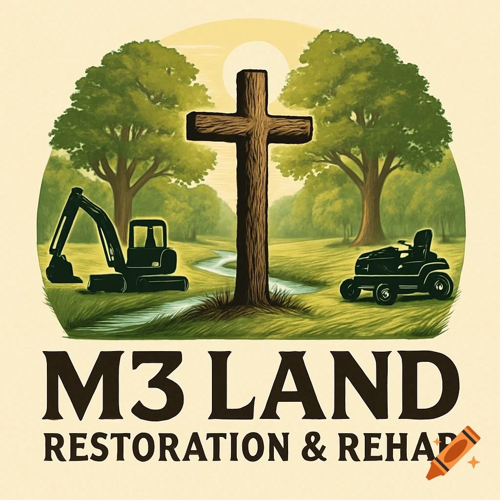 Logo with a wooden cross, excavator, lawnmower in a green landscape, text reads 'M3 LAND RESTORATION & REHAB'.