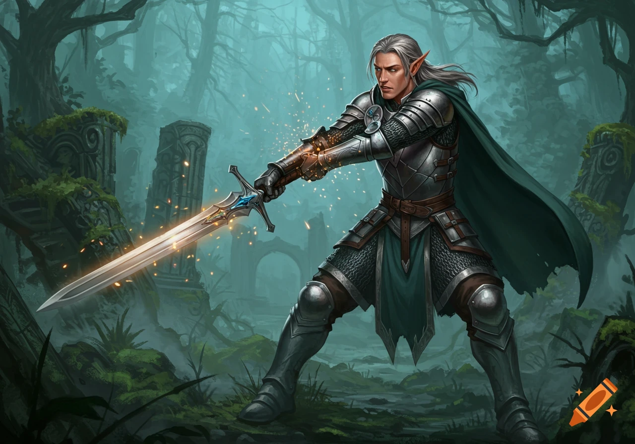A male elf paladin in silver armor and a green cape holds a glowing ...