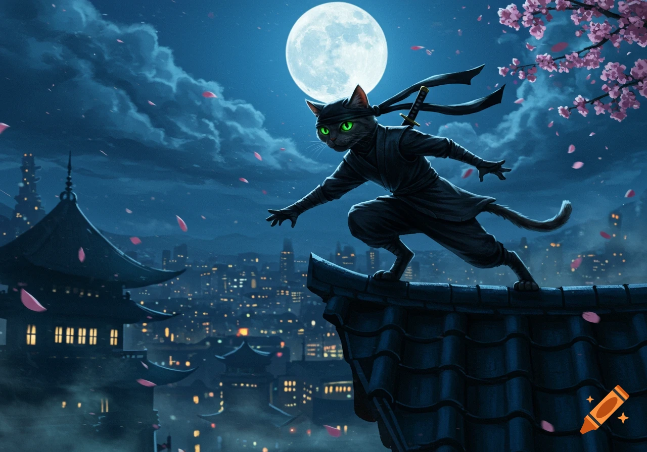 A ninja cat with green eyes on a Japanese rooftop overlooking a city at night, under a full moon with falling cherry blossoms.