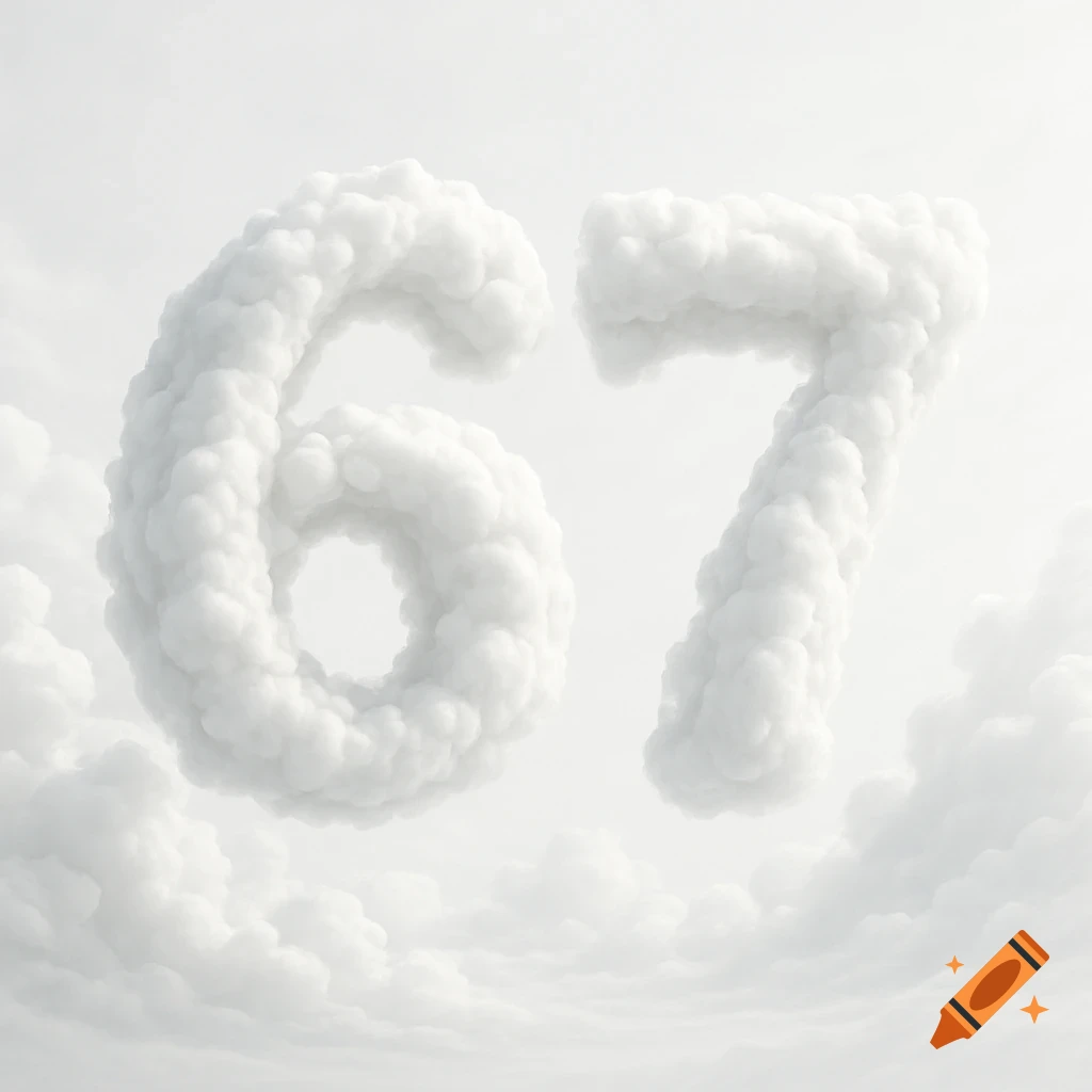The numbers 67 formed by realistic white clouds against a light, cloudy sky.