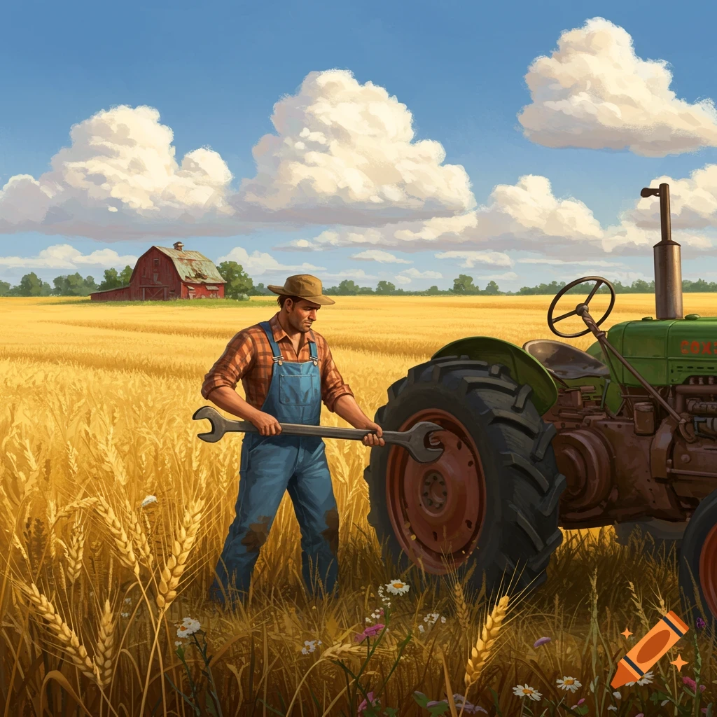 A man in overalls and a hat uses a large wrench to work on a green tractor in a golden wheat field, with a red barn in the distance.