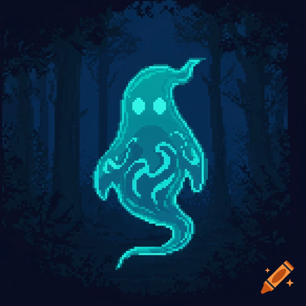 A teal pixel art ghost with two bright eyes floats in a dark, pixelated forest.
