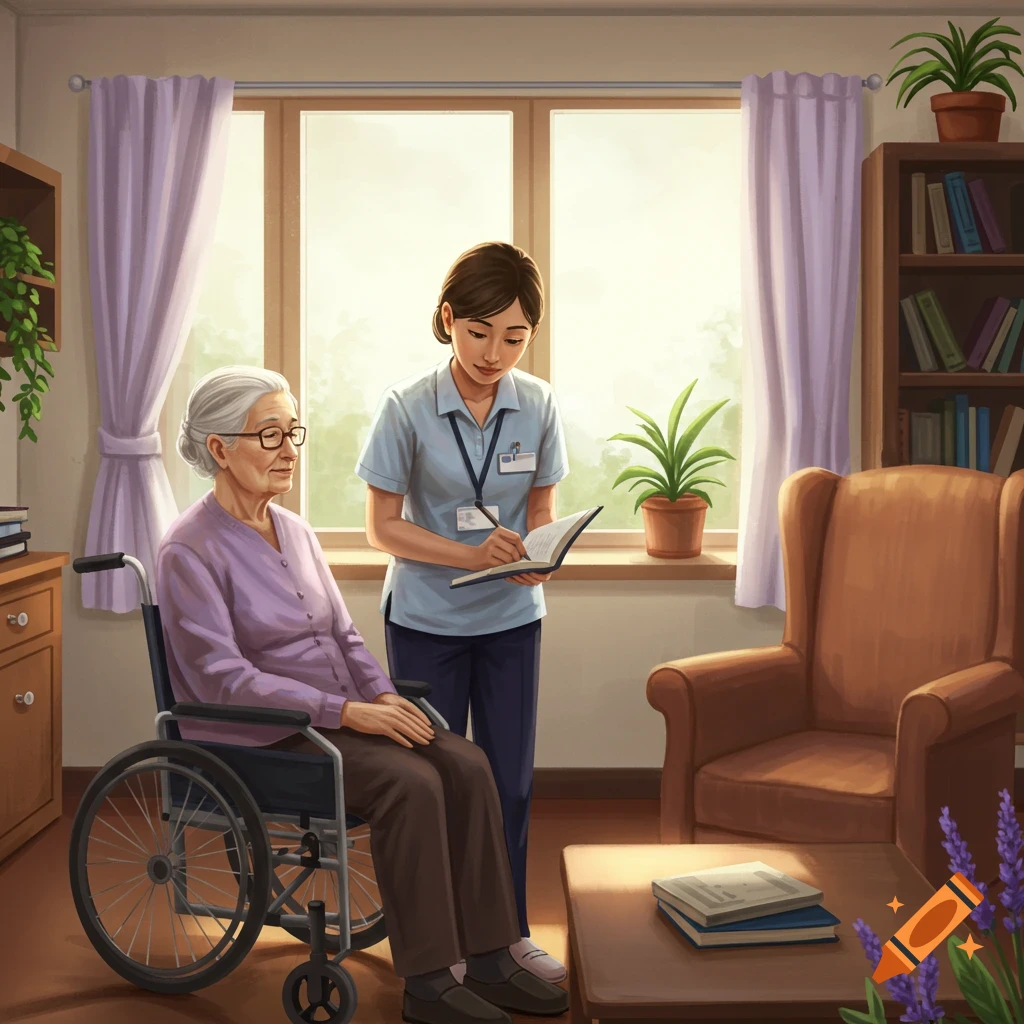 An elderly woman in a wheelchair observes a female caregiver writing notes in a book in a sunlit room.