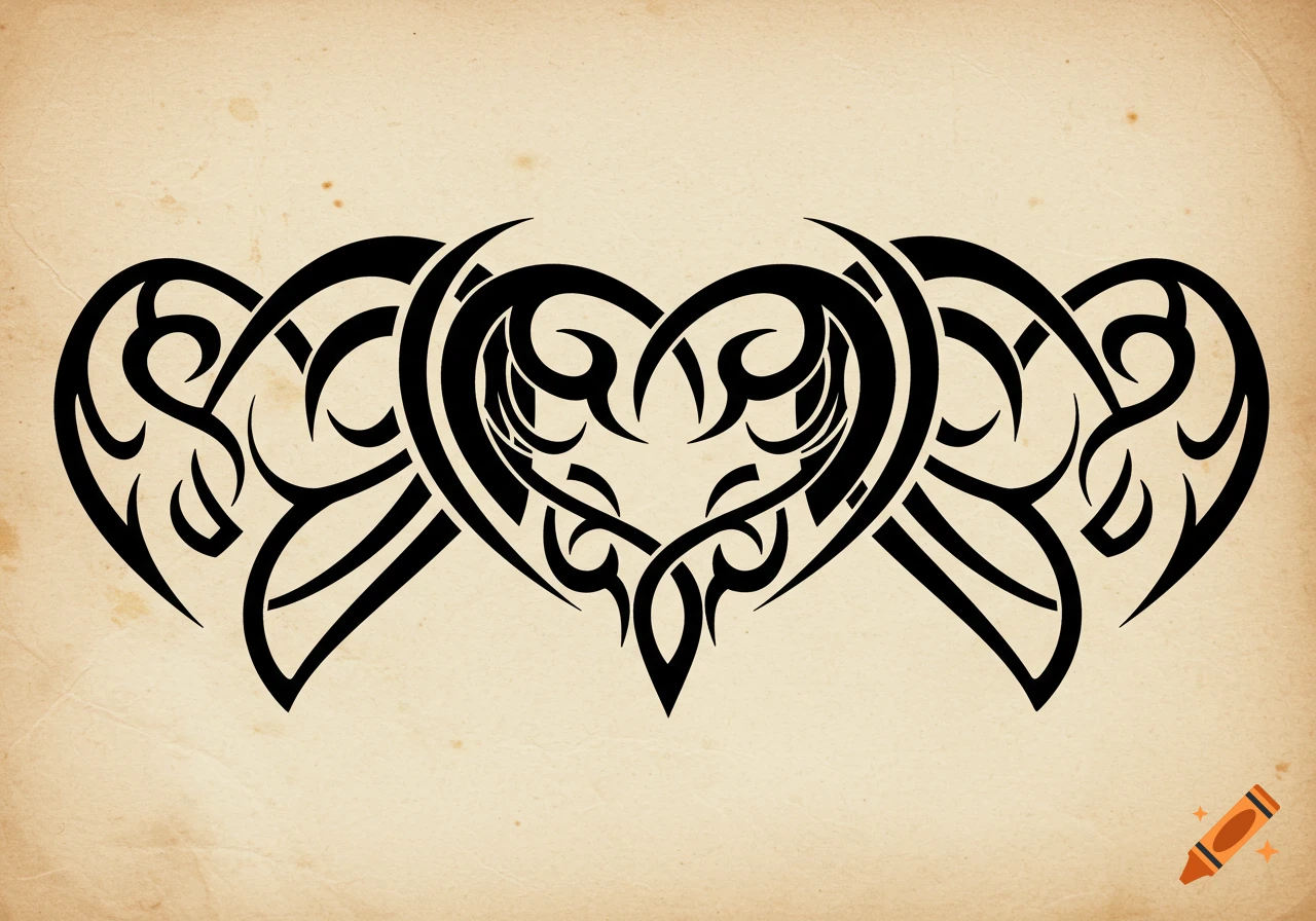 Black tribal tattoo design featuring three interconnected hearts on an aged paper background.