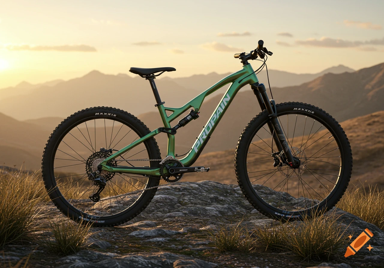 A green mountain bike is parked on a rocky outcrop with mountains and a sunset sky in the background. Photorealistic style.