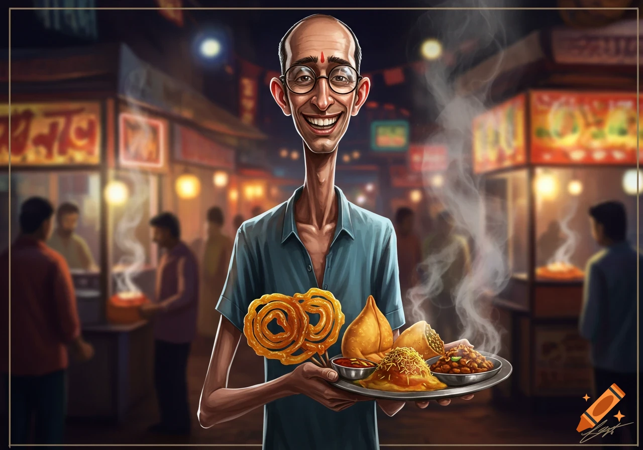 A cartoonish Indian man with a wide smile, glasses, and a thin build, holds a tray of jalebi, samosas, and other hot street food in a bustling night market.
