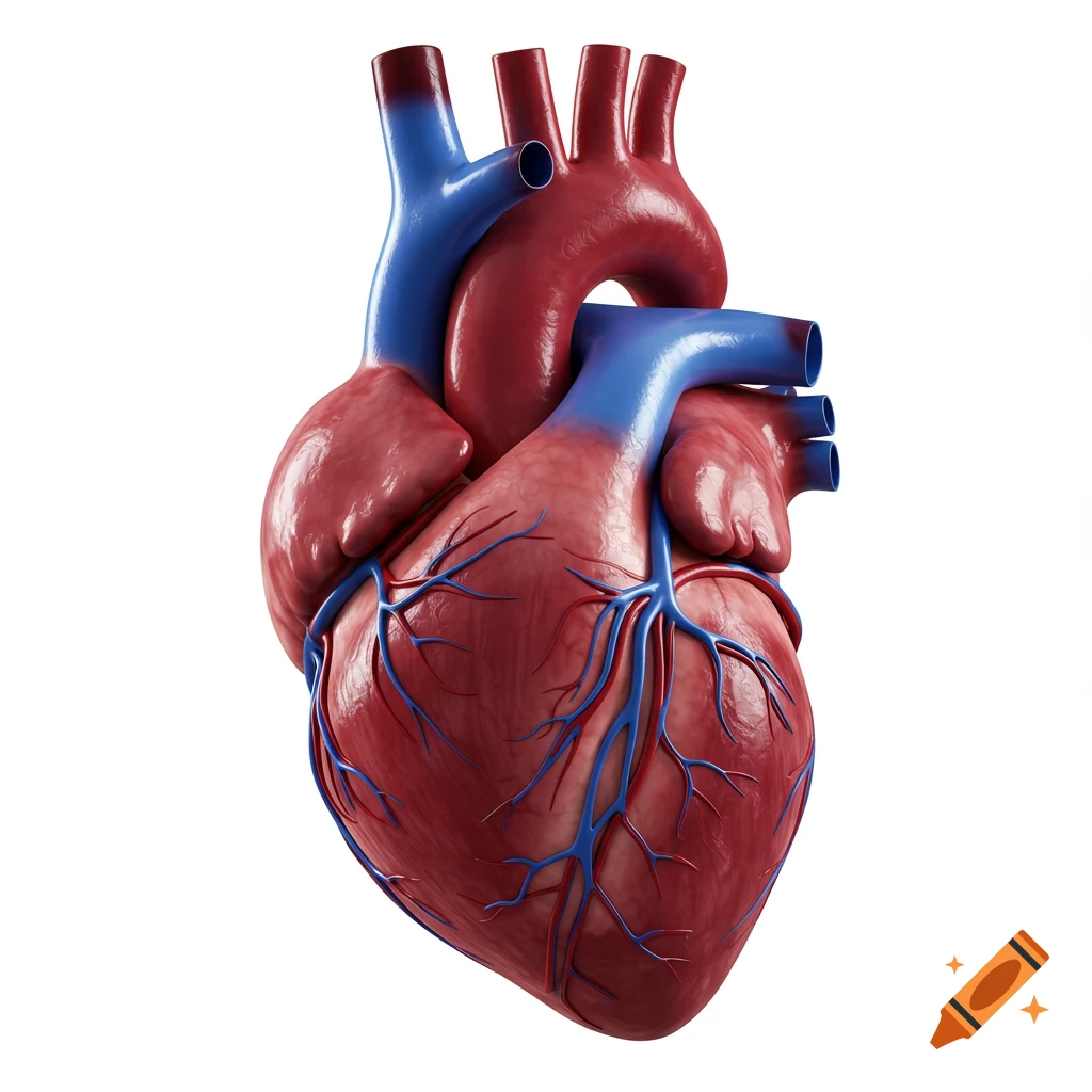 A detailed 3D rendering of a human heart, showing red muscle tissue and blue blood vessels on a white background.