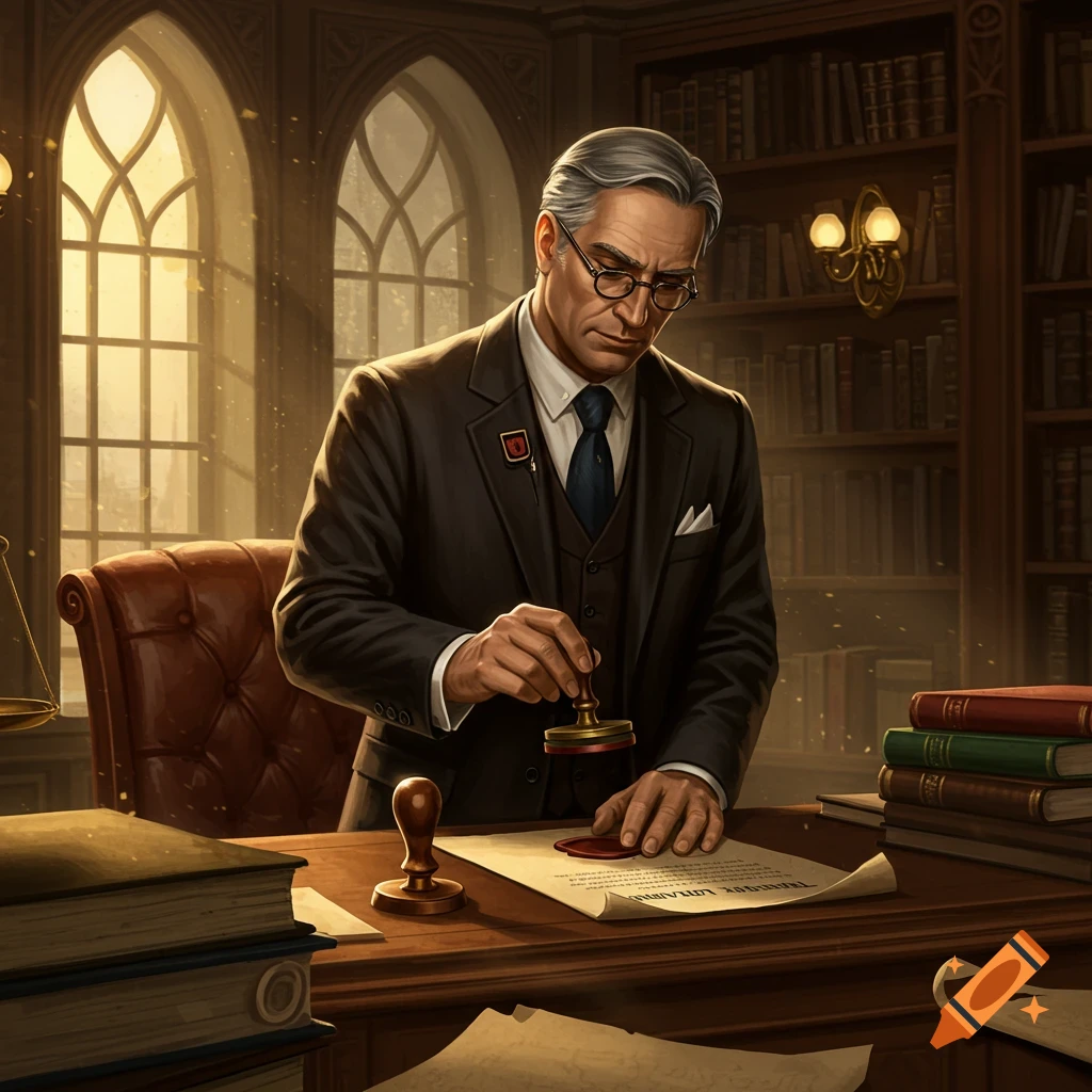 A man in a suit is using a wax seal stamp on a document at a desk in a richly decorated study with bookshelves and large windows.