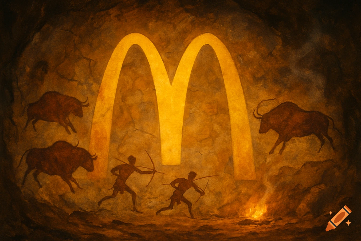 Golden McDonald's arches depicted as ancient cave art, with two hunters and three bison painted on a rocky cave wall.
