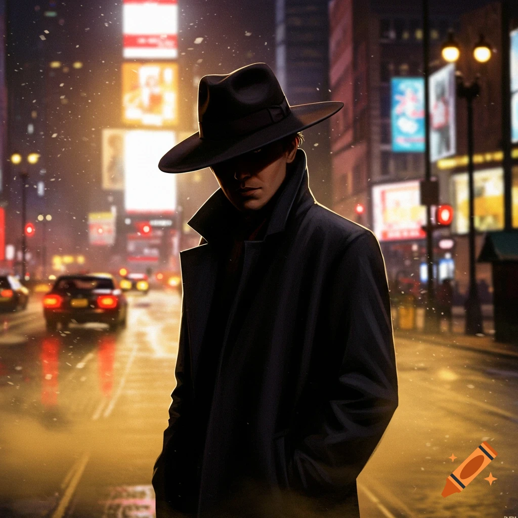 A mysterious man in a fedora and trench coat walks on a rainy, neon-lit city street at night.