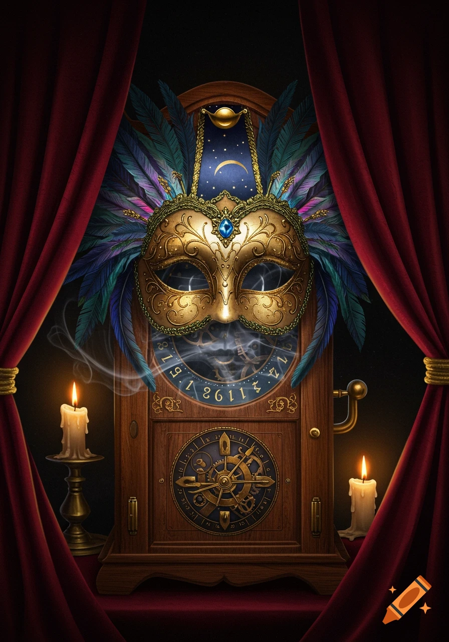 Ornate golden Venetian mask with blue and green feathers atop a wooden fortune-teller-like clock, flanked by red curtains and glowing candles in a dark room.