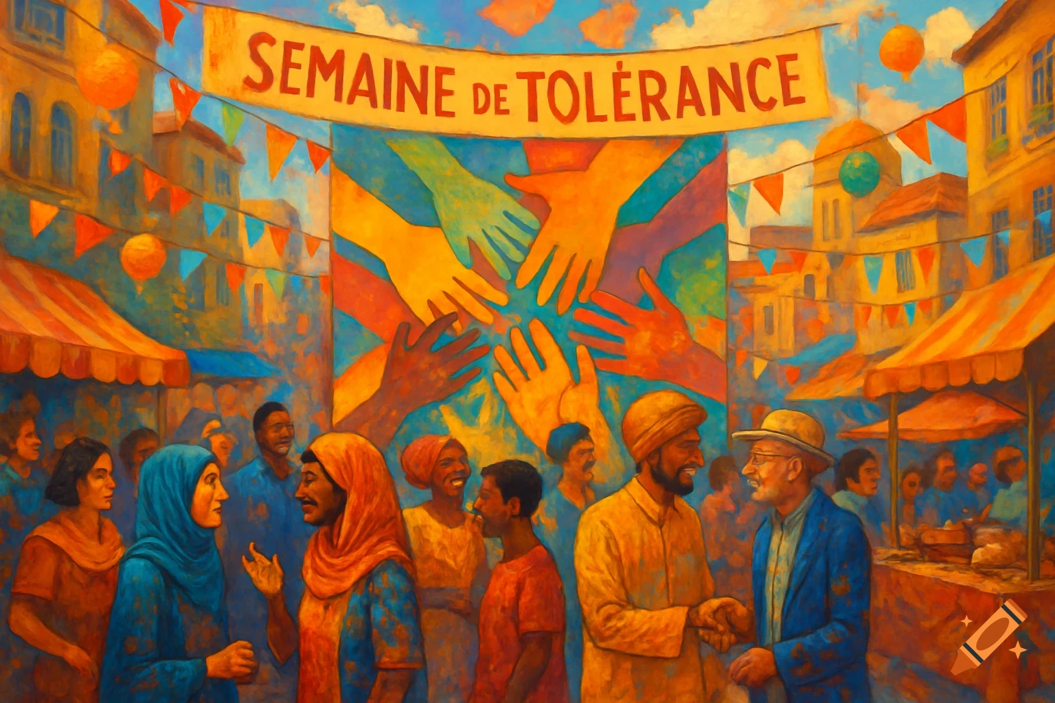Colorful painting of a diverse crowd under a banner that reads "SEMAINE DE TOLERANCE" (Week of Tolerance), featuring hands of different skin tones reaching towards a center.