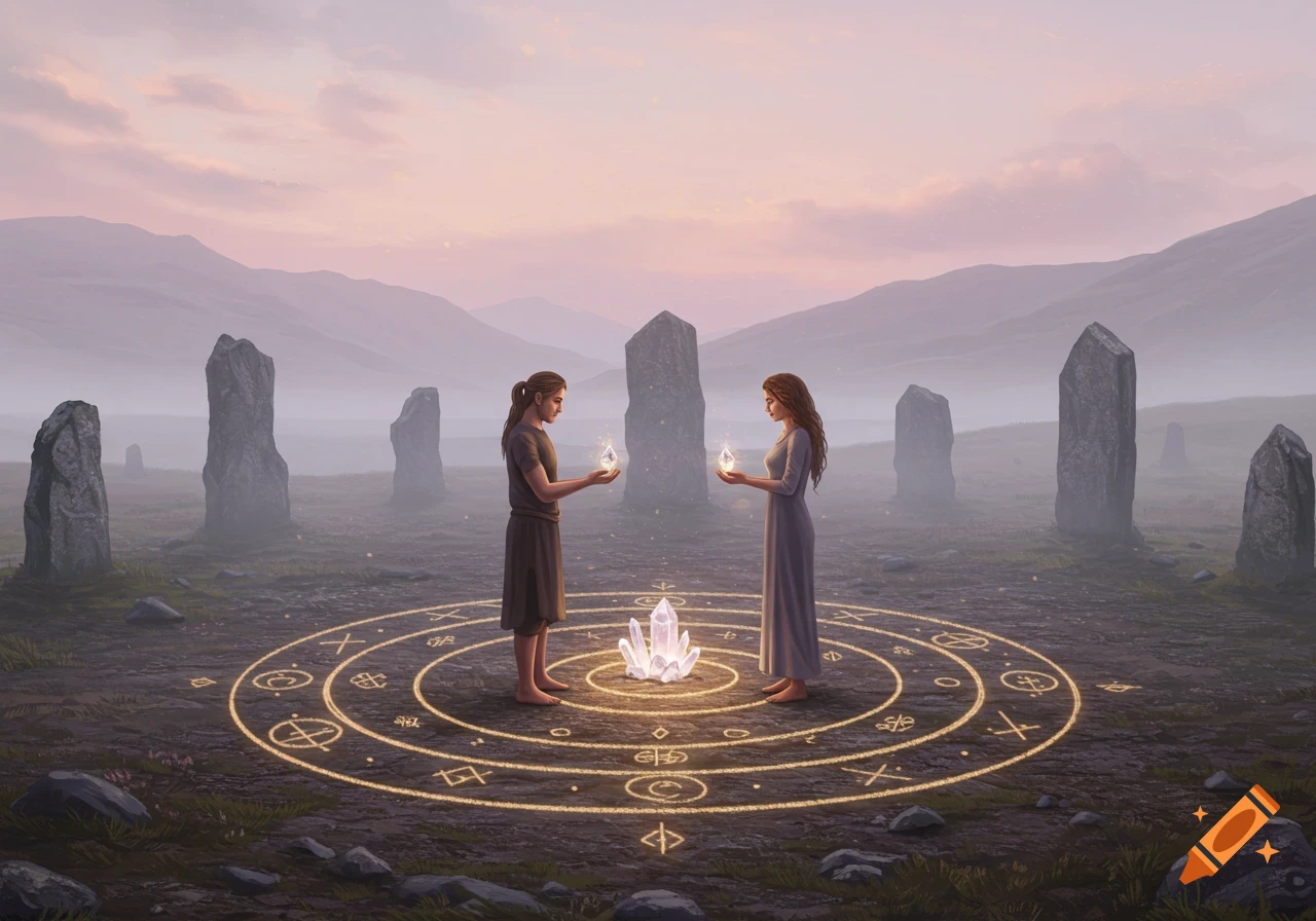 Two figures in a mystical landscape with standing stones perform a ritual within a glowing spiral pattern, holding luminous crystals.
