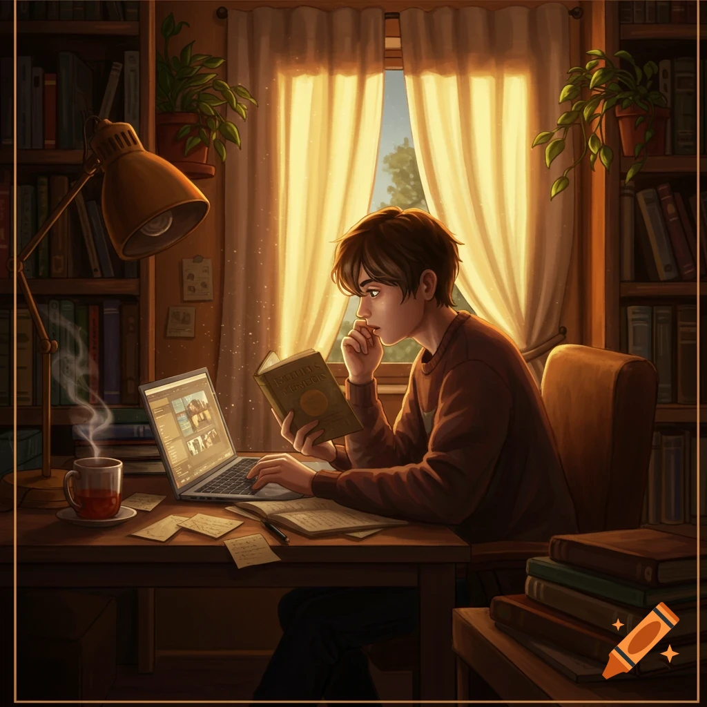 A student with brown hair sits at a desk in a warm, dimly lit room, reading a book and using a laptop, with bookshelves and plants in the background.