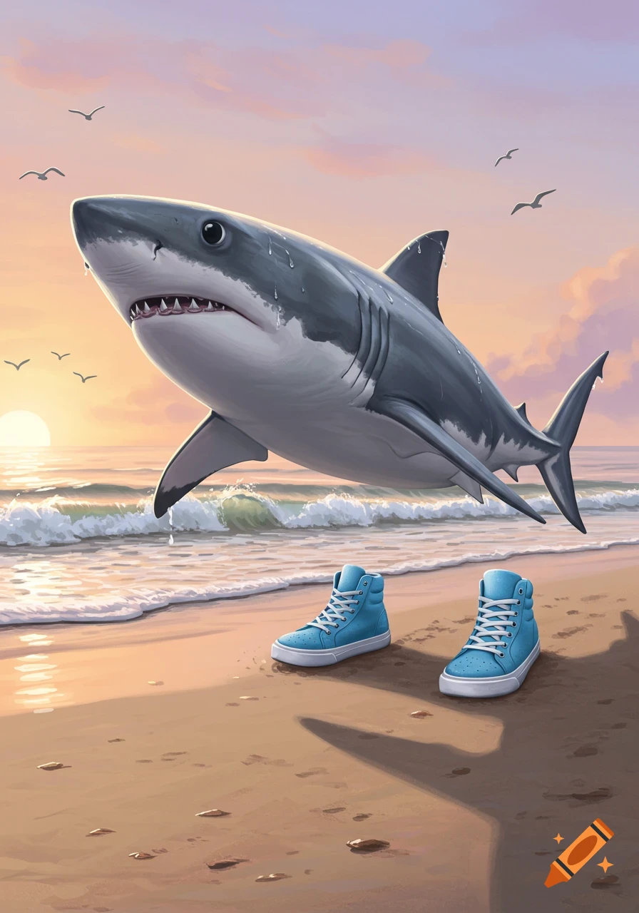 An illustration of a large shark floating above a beach at sunset with a pair of blue sneakers on the sand.