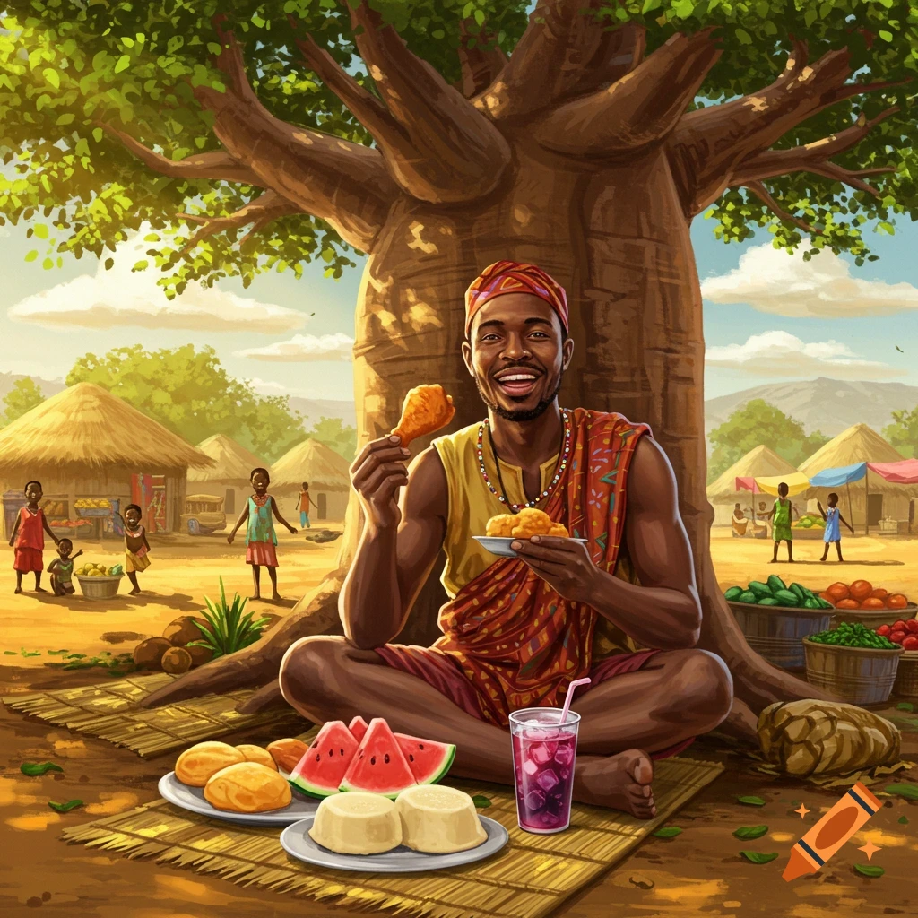 A smiling man sits under a large tree in an African village, eating fried chicken and watermelon. Children play in the sunny background.