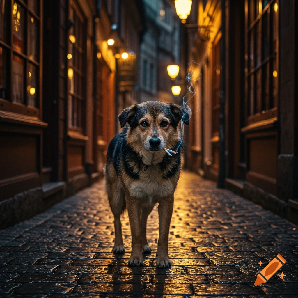 Photorealistic image of a scruffy dog standing in a dark, wet alley at night, holding a lit cigarette in its mouth.