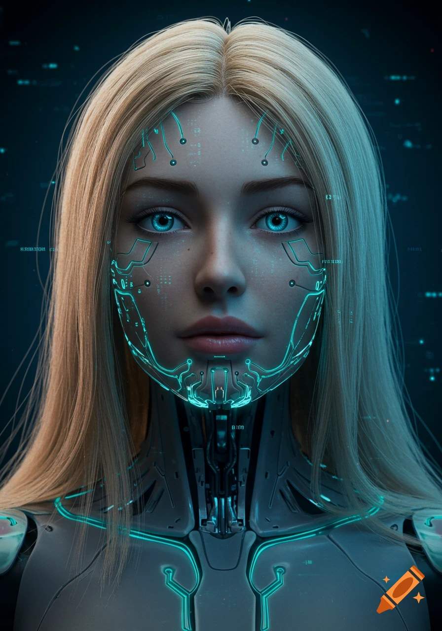 Close-up portrait of a futuristic female cyborg with blonde hair, glowing blue eyes, and neon circuit patterns on her face and neck, against a dark digital background.