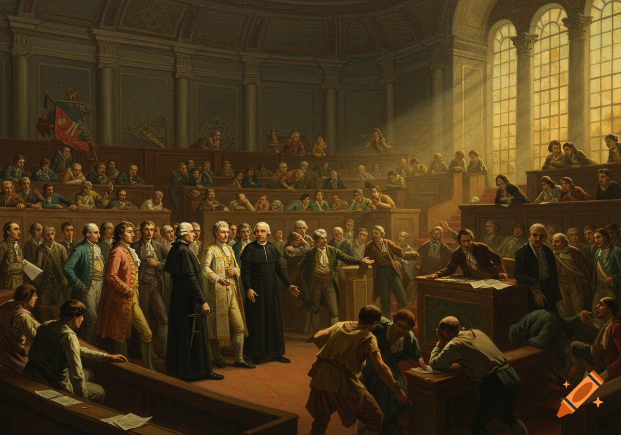 An oil painting of the chaotic French National Assembly of 1789 in a grand hall, with diverse social classes represented.