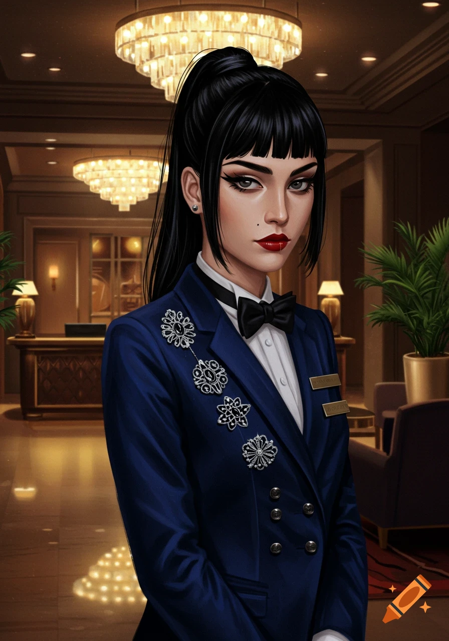 A stylized portrait of an 'alt girl' concierge with long black hair in a ponytail, wearing a dark blue blazer with brooches, in a grand hotel lobby.