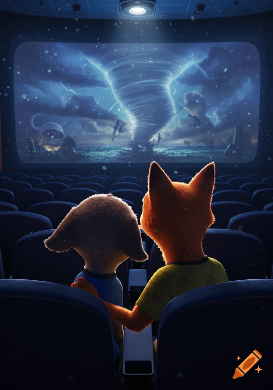 Two animated animal characters, a fox and a dog-like creature, sit in a movie theater, watching a giant tornado on the screen.