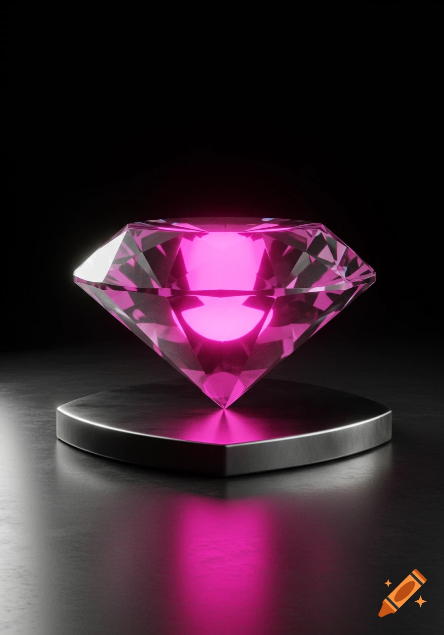 A perfectly faceted crystal diamond glowing neon pink on a polished silver stand, against a deep black background.