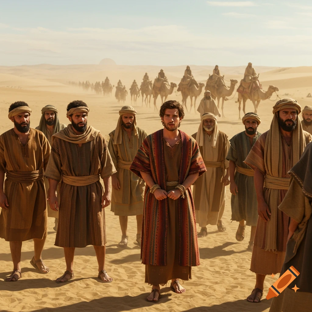 Photorealistic image of men in ancient attire, one with bound hands, standing in a desert with a distant camel caravan.