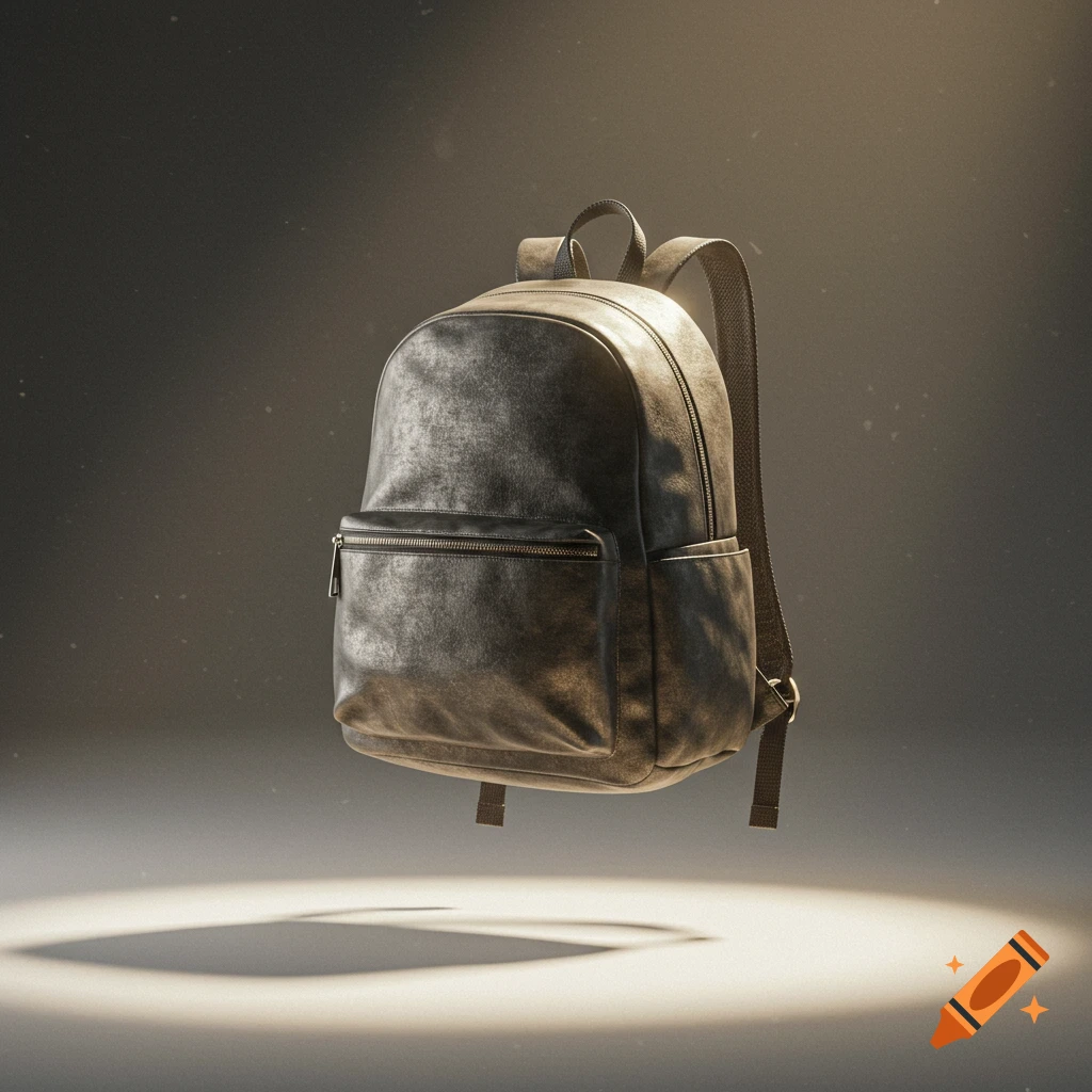 A dark, textured backpack with zippers floats in a spotlight against a hazy, dark background.