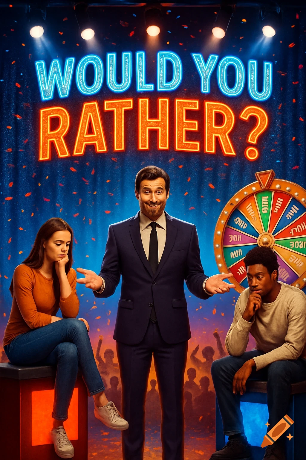 A game show host stands between two contestants, with "WOULD YOU RATHER?" in neon text above and a colorful spinning wheel to the right. Confetti falls on a blue background.