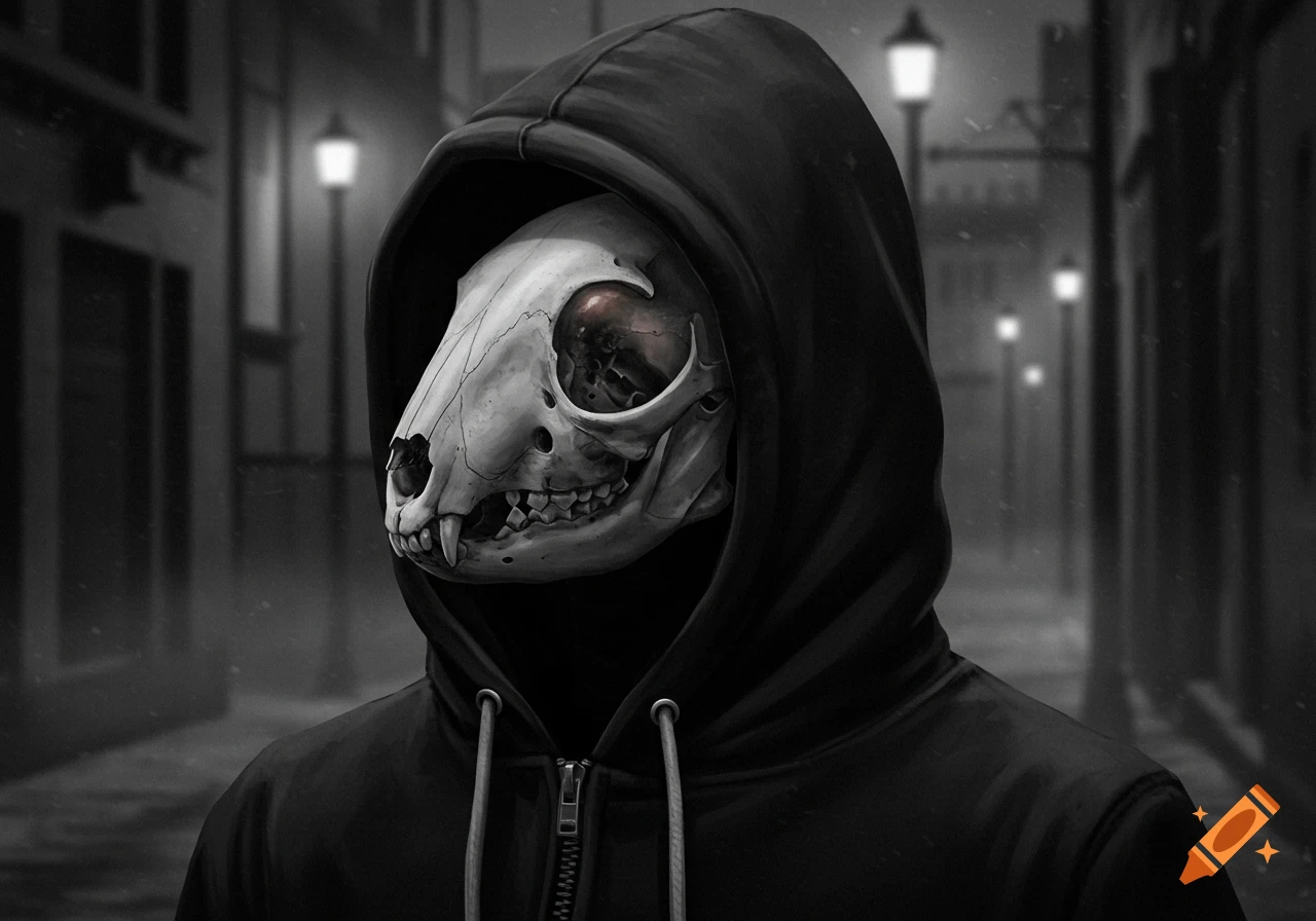 A figure in a black hoodie with a rabbit skull for a head stands on a dark street with blurred lights, in an eerie, photorealistic style.
