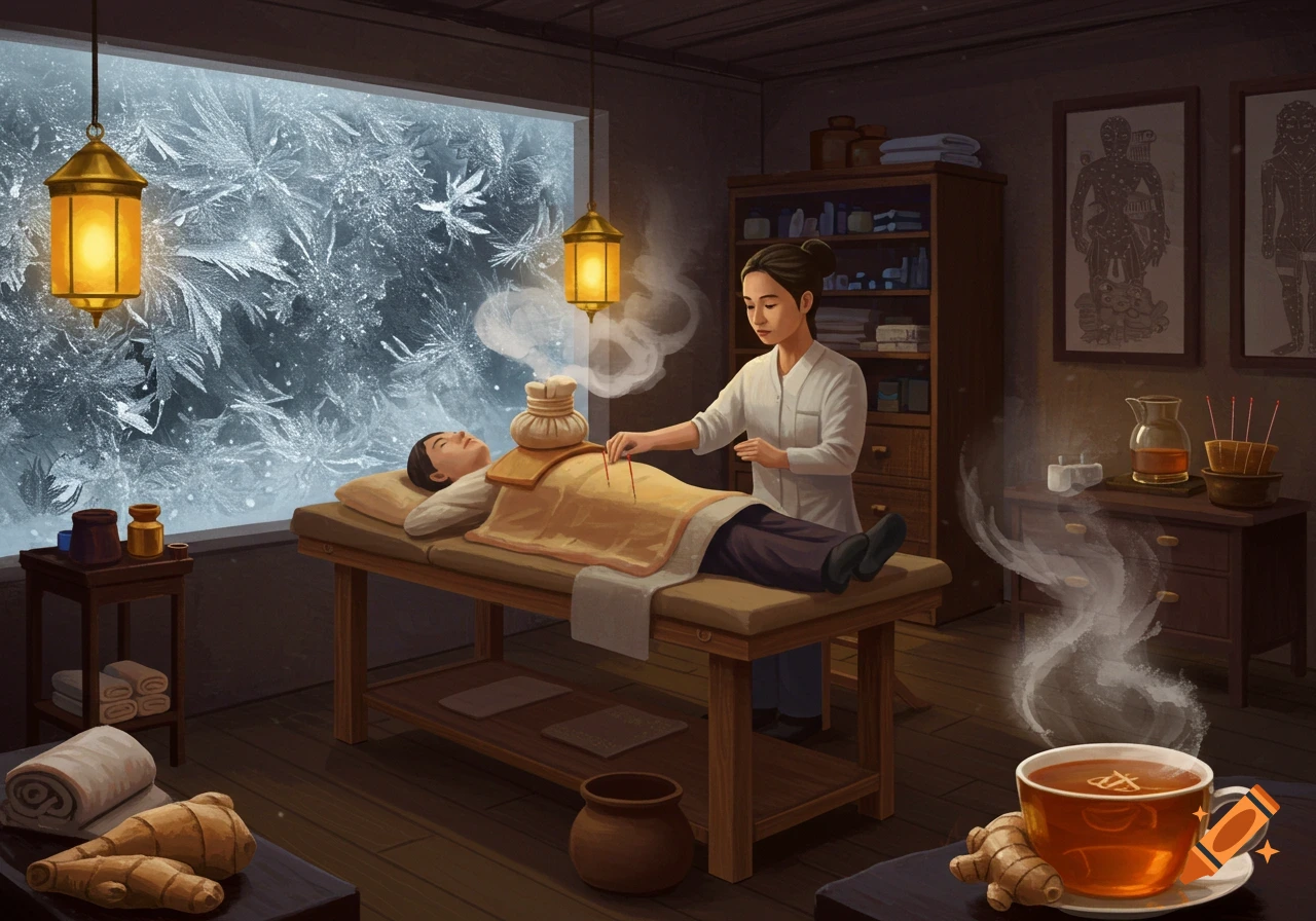 An acupuncturist performs a herbal compress treatment on a client in a cozy, dimly lit traditional Chinese medicine room with a frosty window, steaming tea, and ginger.