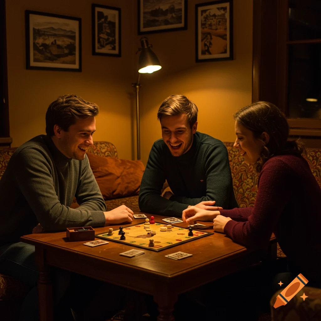 Three smiling friends with brown hair playing a board game at a wooden table in a dimly lit room.