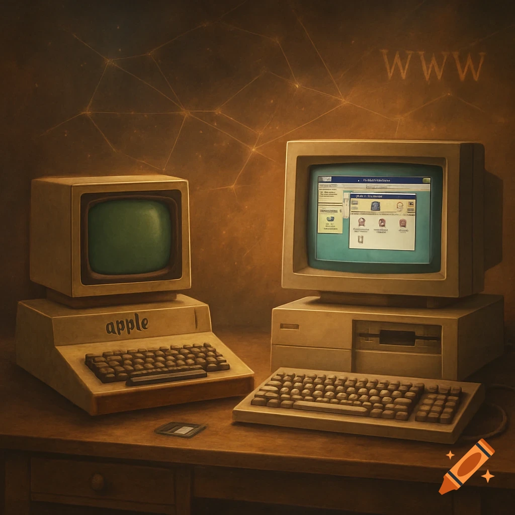 An illustration showing two vintage personal computers on a wooden desk. One is an Apple I-style computer with "apple" on its base and a green screen. The other is an IBM PC-style computer with a screen displaying a garbled Windows 3.0-like GUI. "WWW" is inscribed on the background wall.