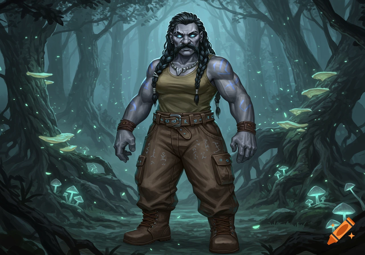 A muscular, grey-skinned dwarf with braided black hair and a mustache stands in a bioluminescent forest, wearing a tank top, cargo pants with runes, and boots.