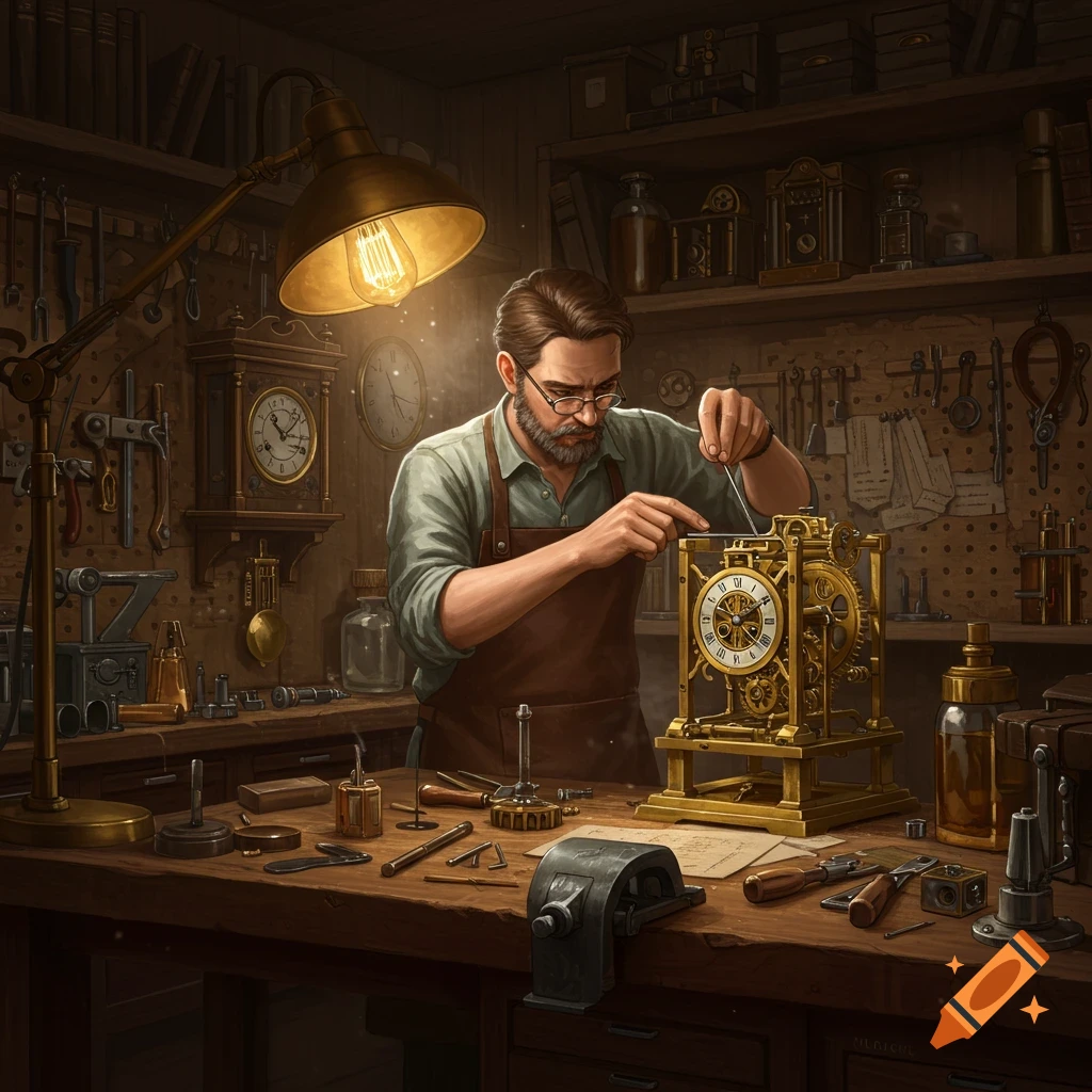 A bearded man in a workshop meticulously repairs an intricate brass clock with small tools, under the warm glow of an industrial lamp.