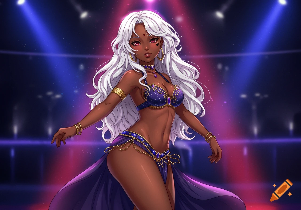 Anime belly dancer with dark skin, white hair, and a purple and gold costume on a stage with spotlights.