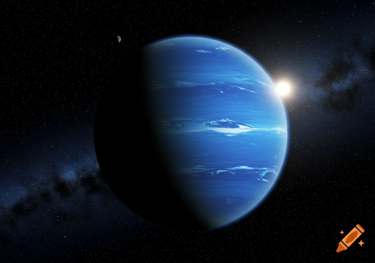 Photorealistic blue gas giant planet (Neptune) partially lit by a distant sun, with a small moon and stars in the dark space background.