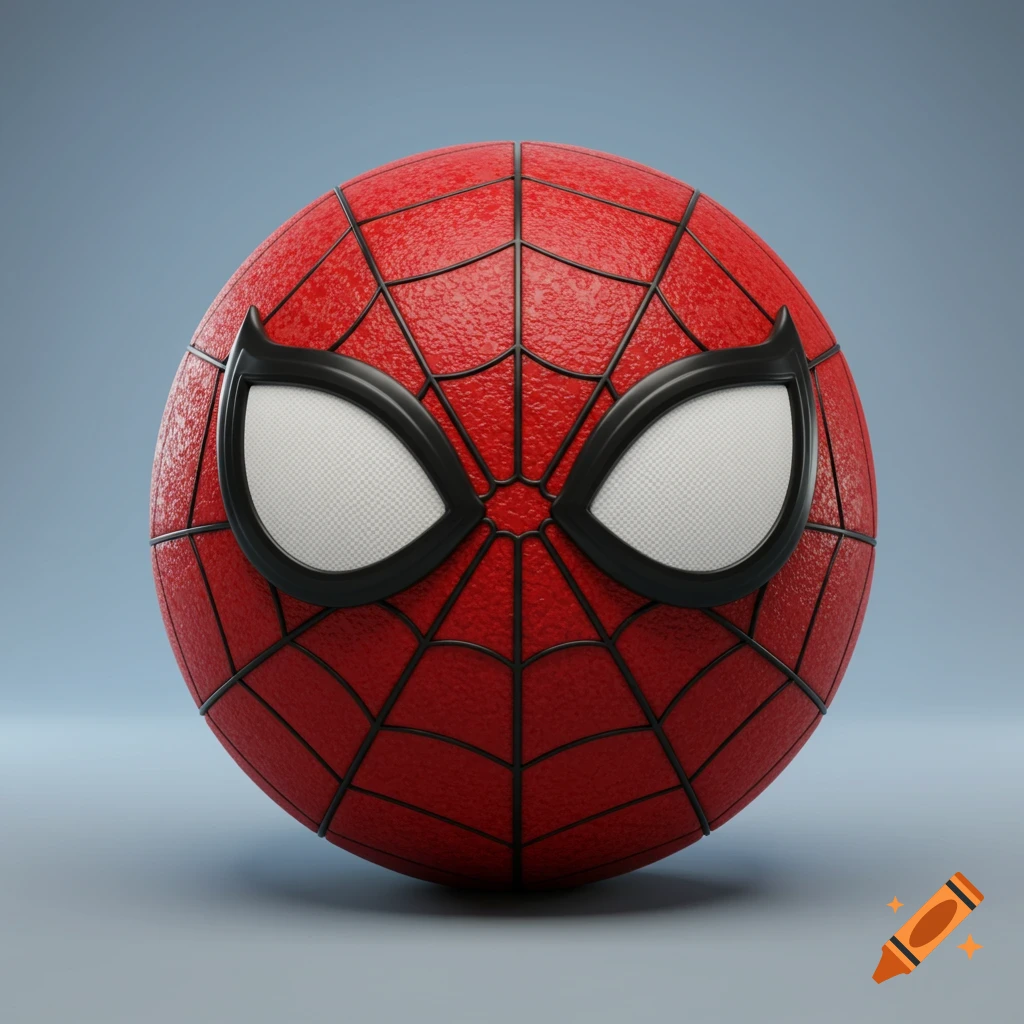 A 3D render of a Spider-Man emoji head with a textured red surface, black web lines, and white mesh eyes, against a blue-grey background.