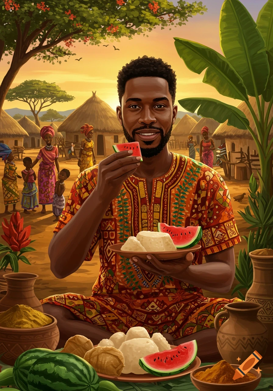 Smiling Black man in colorful traditional clothing eating watermelon and fufu in an African village at sunset, vibrant illustration.