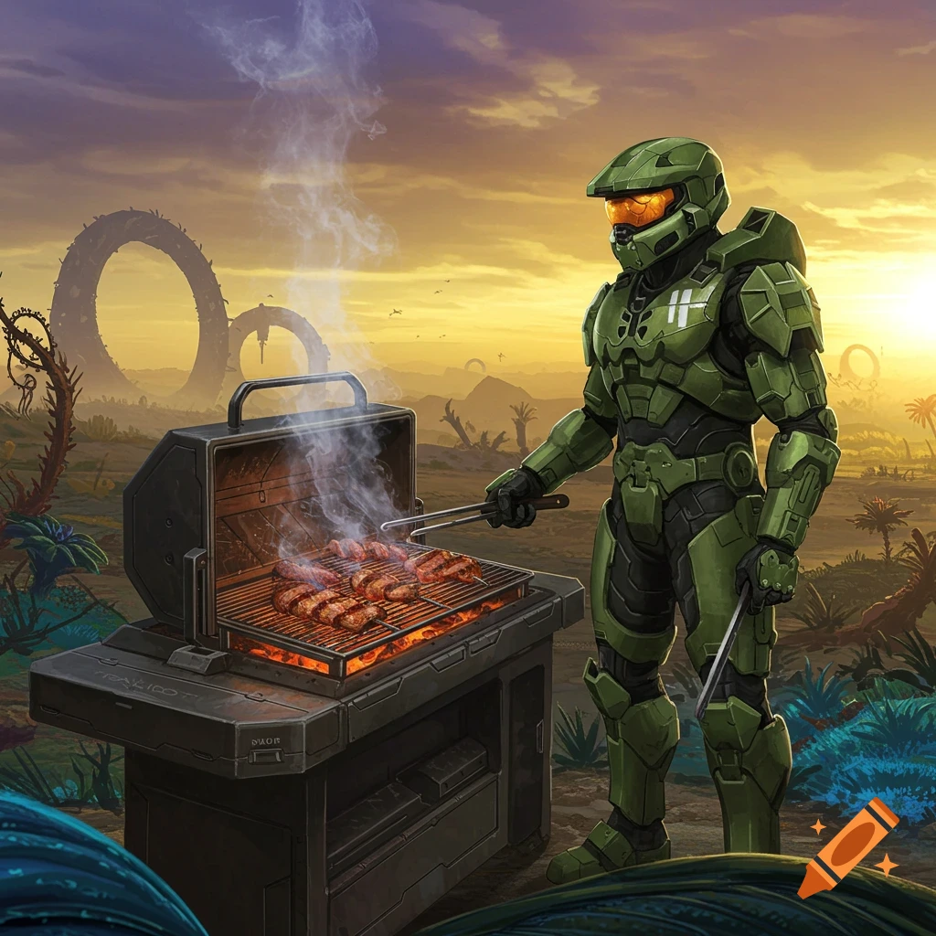 Master Chief in green armor grills meat on an outdoor BBQ in a sci-fi landscape with alien plants and ring structures under a sunset sky.