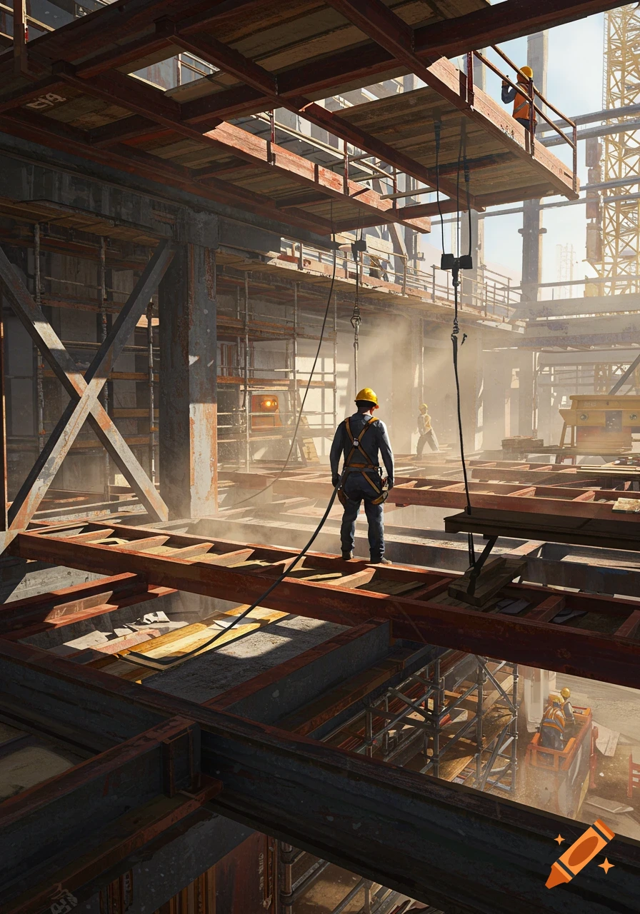 Photorealistic image of a vast, dusty construction site with multiple levels of steel beams and scaffolding, featuring workers in hard hats.