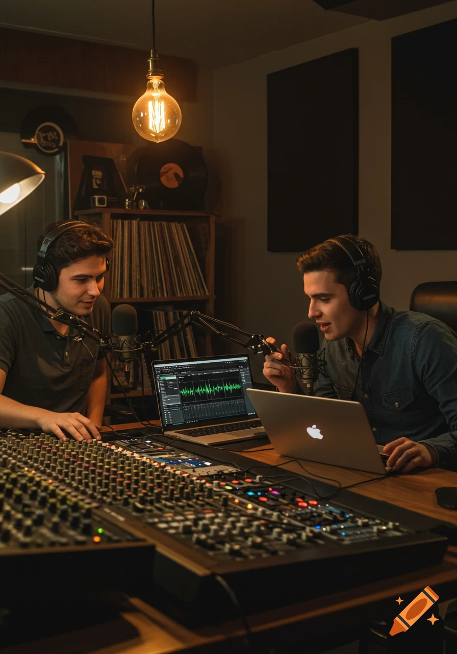 Two young men in headphones record a podcast in a dimly lit audio studio with a mixing board and laptops.