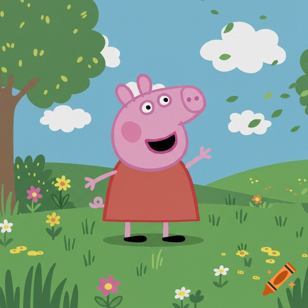 Peppa Pig stands in a vibrant green field with colorful flowers, a tree, and white clouds in a blue sky, cartoon style.