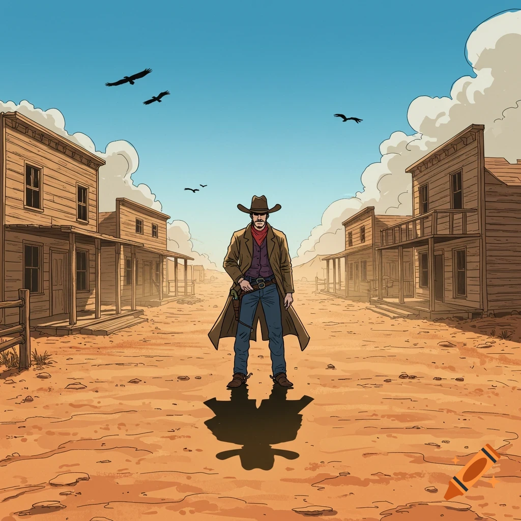 Comic art style of a lone cowboy standing in the middle of a dusty old western town street with wooden buildings and a clear sky.