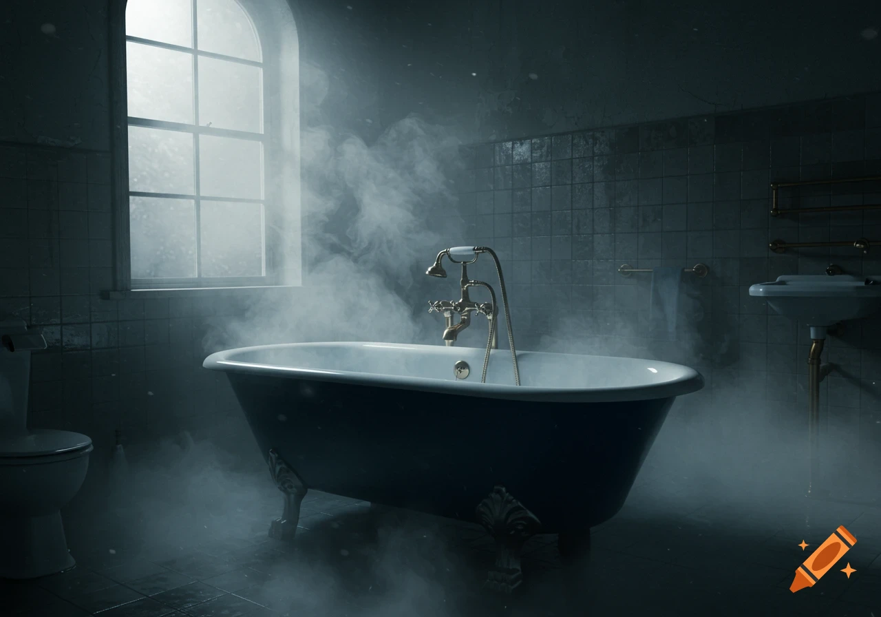 A dark bathroom with a clawfoot bathtub shrouded in mist, illuminated by light from an arched window.