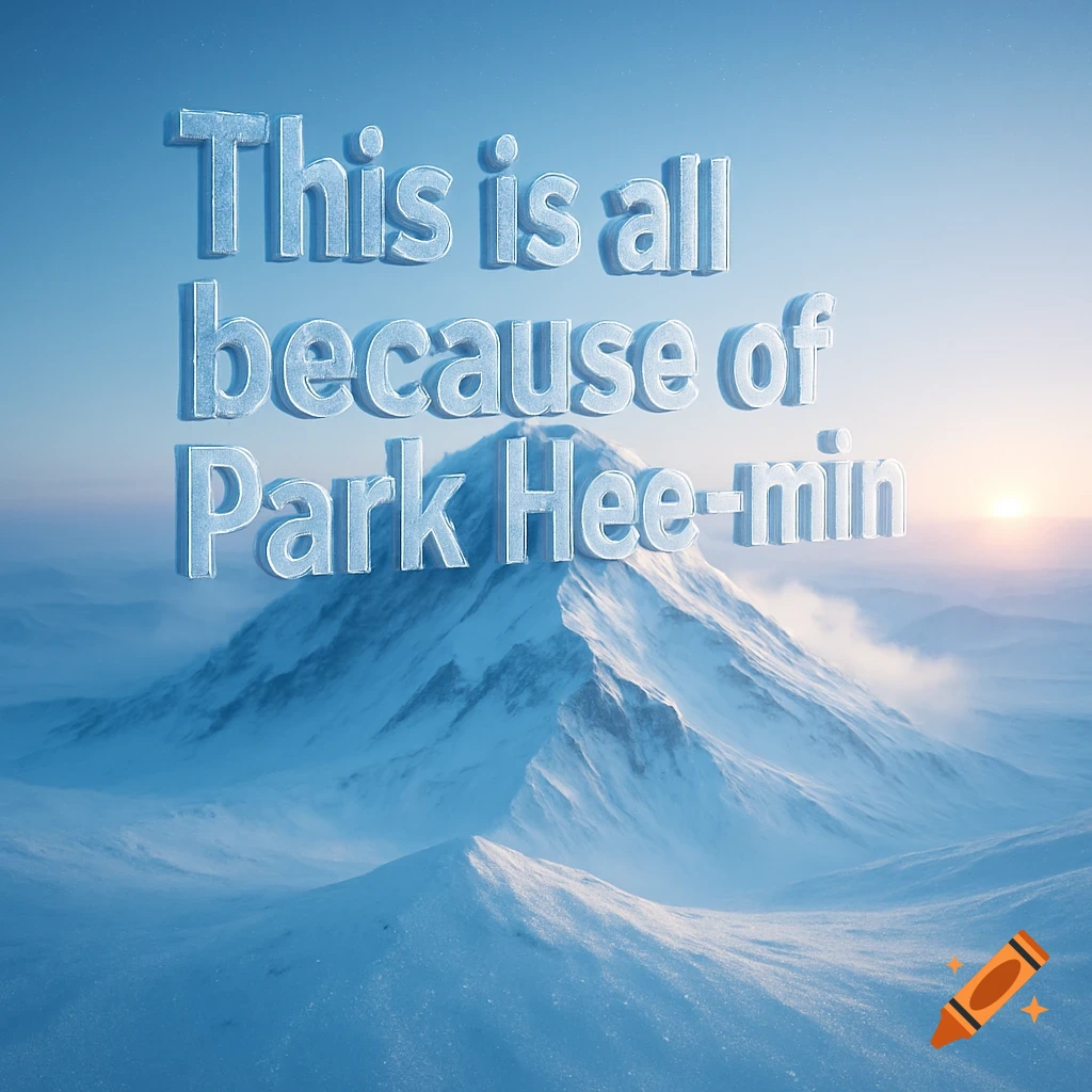 Ice-textured text 'This is all because of Park Hee-min' floating above a vast snowy mountain landscape at sunrise.