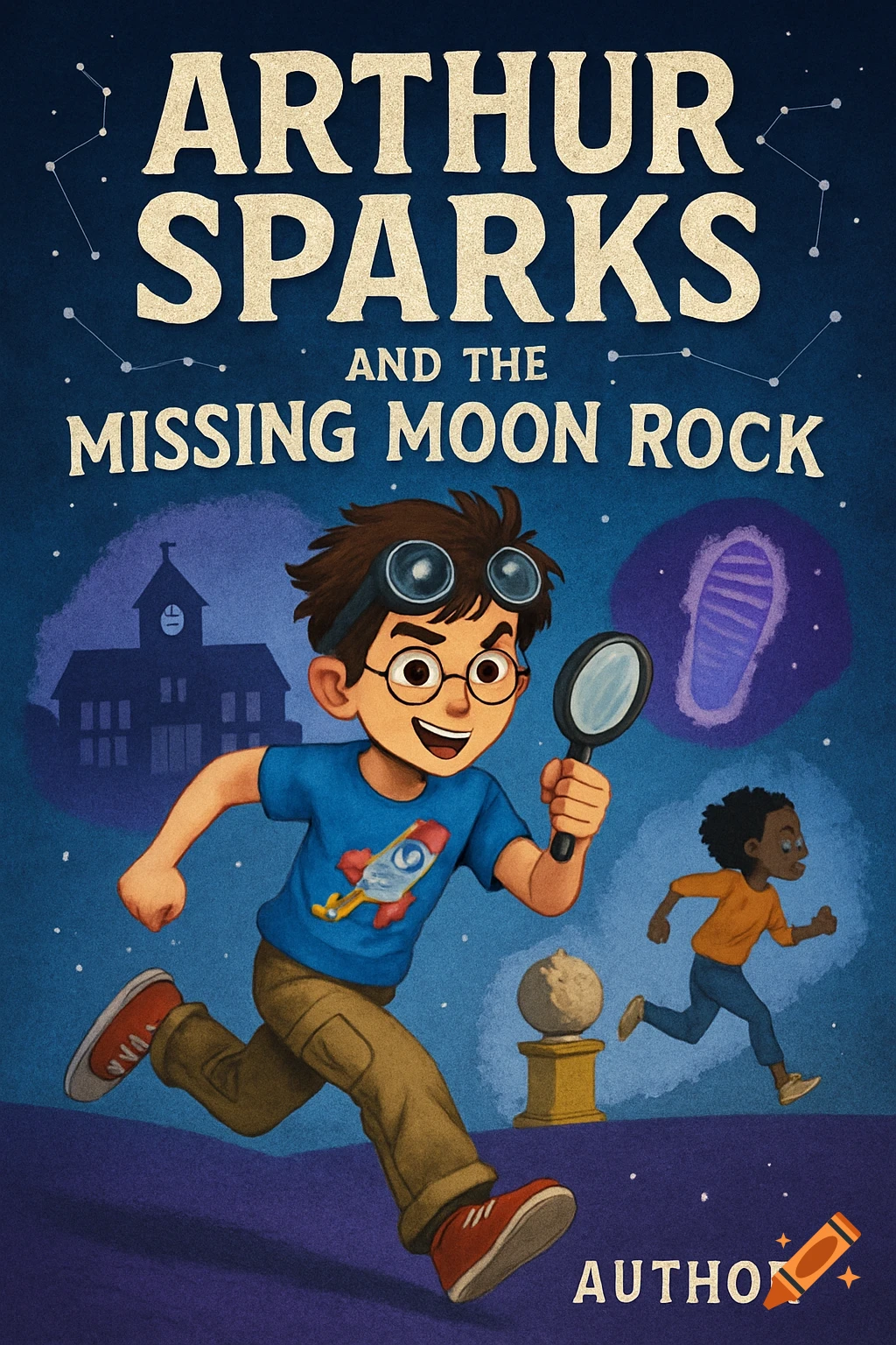 A cartoon boy in goggles and a rocket shirt runs with a magnifying glass, his friend chasing him, on a book cover with a space theme.