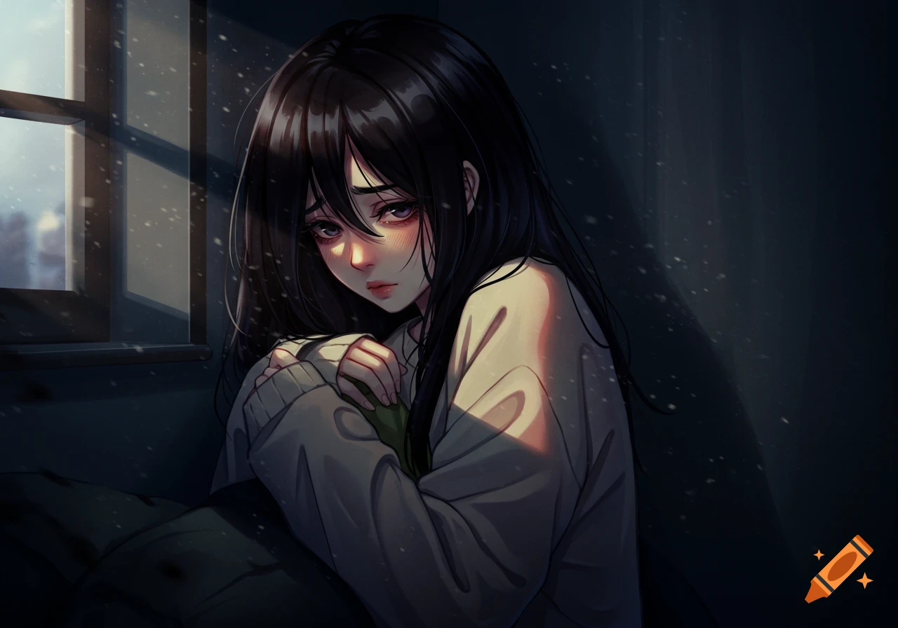 Anime art of a sad woman with dark hair in a white sweater, sitting by a window in a dim room with light on her face.