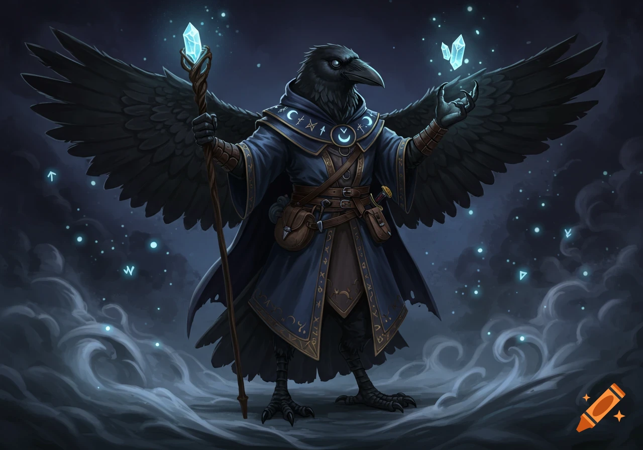 A powerful humanoid crow wizard, dressed in a dark blue robe with golden runes, holds a glowing crystal staff and conjures magic.