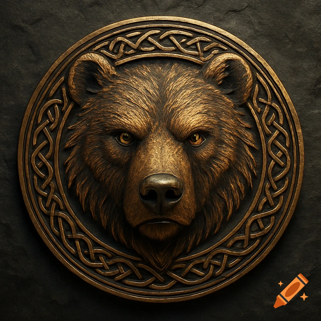 A bronze-colored bear head carved in a circular medallion, featuring detailed fur and Celtic knotwork along the border, against a dark stone background.